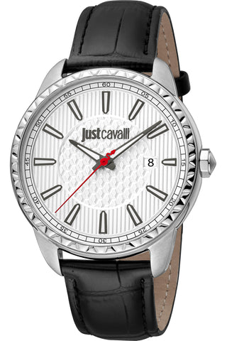 Front view of Just Cavalli Modern JC1G176 Indici JC1G176L0115 Grey Dial Black Leather Mens Watch on white background