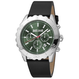 Front view of Just Cavalli Modern JC1G214 Crono Robusto Chronograph JC1G214L0015 Green Dial Black Leather Mens Watch on white background