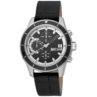 Front view of Just Cavalli Relaxed JC1G215 Crono Maglia Chronograph JC1G215L0015 Black Leather Mens Watch on white background