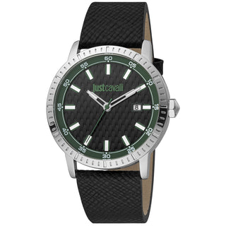 Front view of Just Cavalli Young JC1G216 Regolare JC1G216L0025 Green Dial Black Leather Mens Watch on white background