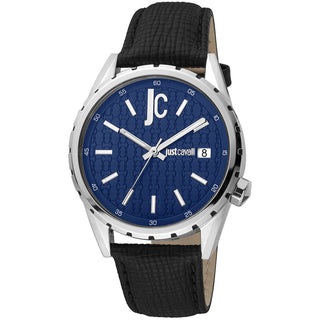 Front view of Just Cavalli Relaxed JC1G217 Casuale JC1G217L0025 Blue Dial Black Leather Mens Watch on white background