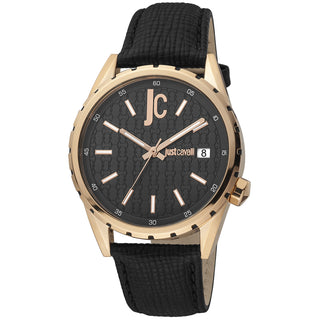 Front view of Just Cavalli Relaxed JC1G217 Casuale JC1G217L0035 Black Leather Mens Watch on white background