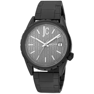 Front view of Just Cavalli Relaxed JC1G217 Casuale JC1G217M0075 Grey Dial Black Stainless Steel Mens Watch on white background