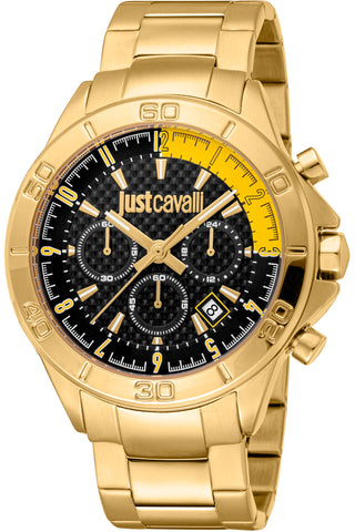 Front view of Just Cavalli Young JC1G261 Lit Chronograph JC1G261M0265 Black Dial Gold Stainless Steel Mens Watch on white background