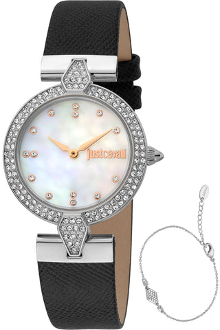 Front view of Just Cavalli SET JC1L159 Nobile Glam JC1L159L0015 Mother Of Pearl Dial Black Leather Womens Watch on white background