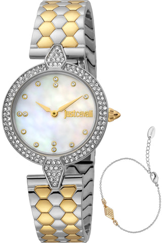 Front view of Just Cavalli SET JC1L159 Nobile Glam JC1L159M0085 Mother Of Pearl Dial Black Leather Womens Watch on white background