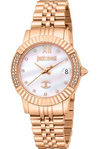 Front view of Just Cavalli Glam Chic JC1L199 Glam JC1L199M0045 Mother Of Pearl Dial Rose Gold Stainless Steel Womens Watch on white background