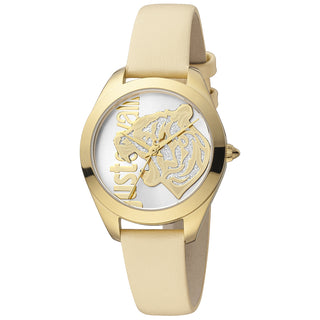 Front view of Just Cavalli Animalier JC1L210 Pantera JC1L210L0015 Gold Dial Beige Leather Womens Watch on white background