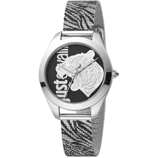 Front view of Just Cavalli Animalier JC1L210 Pantera JC1L210M0045 Grey Dial Black Stainless Steel Womens Watch on white background