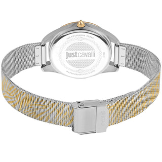 Angle shot of Just Cavalli Animalier JC1L210 Pantera JC1L210M0065 Gold Dial Grey Stainless Steel Womens Watch on white background