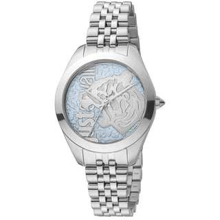 Front view of Just Cavalli Animalier JC1L210 Pantera JC1L210M0135 Grey Stainless Steel Womens Watch on white background