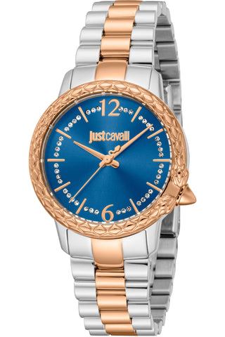 Front view of Just Cavalli Animalier JC1L233 Tenacious JC1L233M0065 Blue Dial Grey Stainless Steel Womens Watch on white background