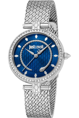 Front view of Just Cavalli Glam Chic JC1L240 Obsessive Snake JC1L240M0015 Blue Dial Grey Stainless Steel Womens Watch on white background