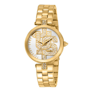 Front view of Just Cavalli Glam Chic JC1L241 Maiuscola JC1L241M0055 Grey Dial Gold Stainless Steel Womens Watch on white background