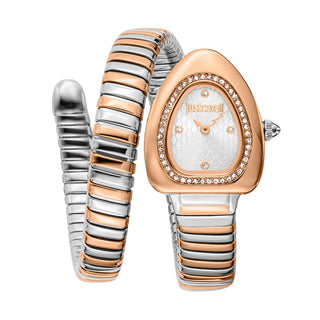 Front view of Just Cavalli Signature Snake JC1L249 Wait JC1L249M0065 Grey Stainless Steel Womens Watch on white background