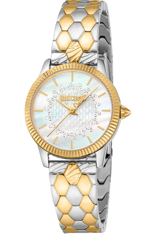 Front view of Just Cavalli Glam Chic JC1L258 Daydreamer JC1L258M0265 Mother Of Pearl Dial Grey Stainless Steel Womens Watch on white background