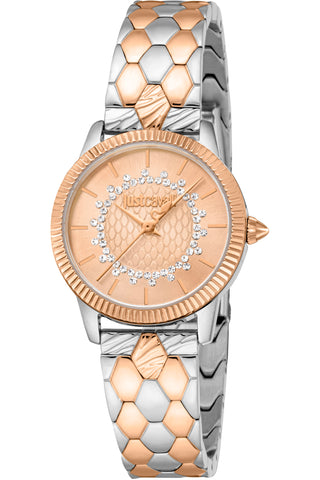 Front view of Just Cavalli Glam Chic JC1L258 Daydreamer JC1L258M0275 Mother Of Pearl Dial Grey Stainless Steel Womens Watch on white background