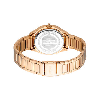 Angle shot of Just Cavalli Glam Chic JC1L263 Quadro JC1L263M0075 Rose Gold Stainless Steel Womens Watch on white background