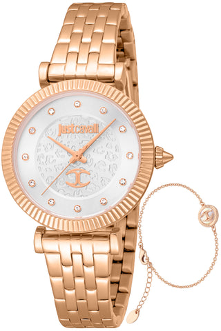 Front view of Just Cavalli SET JC1L266 Unleashed JC1L266M0045 Grey Dial Rose Gold Stainless Steel Womens Watch on white background