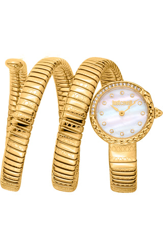 Front view of Just Cavalli Signature Snake JC1L302 Enchanting JC1L302M0025 Mother Of Pearl Dial Gold Stainless Steel Womens Watch on white background