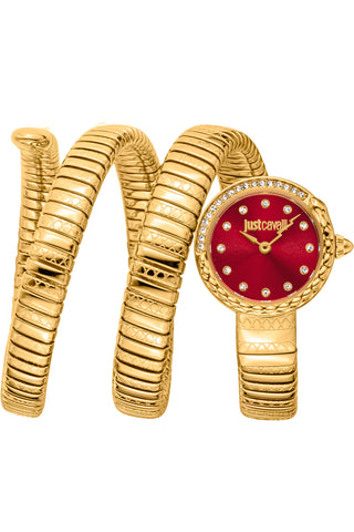 Front view of Just Cavalli Signature Snake JC1L302 Enchanting JC1L302M0035 Red Dial Gold Stainless Steel Womens Watch on white background