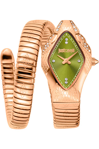 Front view of Just Cavalli Signature Snake JC1L306 Ferocious JC1L306M0055 Green Dial Rose Gold Stainless Steel Womens Watch on white background