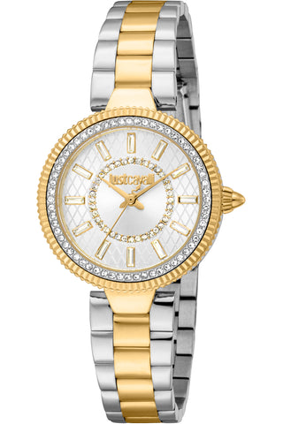 Front view of Just Cavalli Glam Chic JC1L308 Ostentatious JC1L308M0085 Grey Stainless Steel Womens Watch on white background