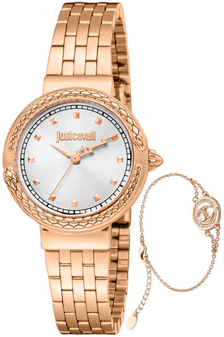 Front view of Just Cavalli SET JC1L311 Brave Snake JC1L311M0045 Grey Dial Rose Gold Stainless Steel Womens Watch on white background