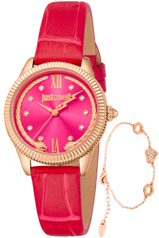 Front view of Just Cavalli SET JC1L315 Lovestruck Valentines JC1L315L0035 Pink Leather Womens Watch on white background