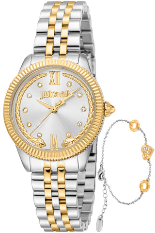 Front view of Just Cavalli SET JC1L315 Lovestruck Valentines JC1L315M0085 Grey Stainless Steel Womens Watch on white background