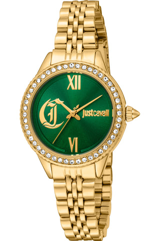 Front view of Just Cavalli Glam Chic JC1L316 Forward JC1L316M0065 Green Dial Gold Stainless Steel Womens Watch on white background