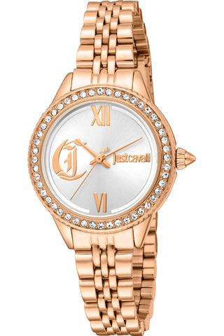 Front view of Just Cavalli Glam Chic JC1L316 Forward JC1L316M0075 Grey Dial Rose Gold Stainless Steel Womens Watch on white background