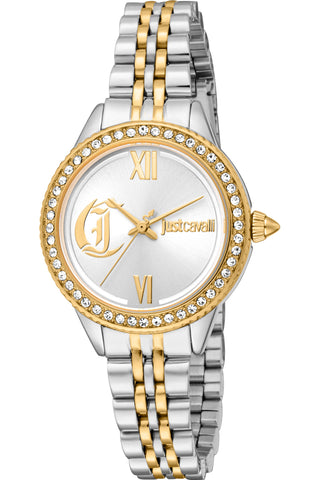 Front view of Just Cavalli Glam Chic JC1L316 Forward JC1L316M0095 Grey Stainless Steel Womens Watch on white background