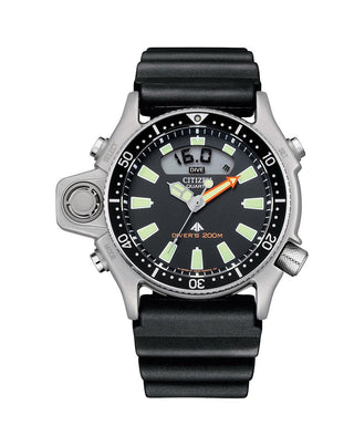 Front view of Citizen Quartz Promaster JP2000-08E Black Rubber Mens Watch on white background