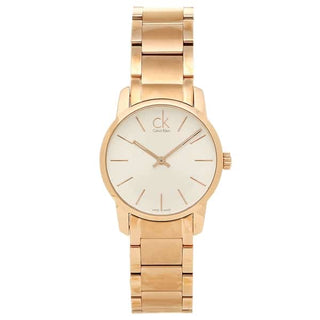 Front view of Calvin Klein City M K2G23646 Silver Dial Rose Gold Stainless Steel Womens Watch on white background