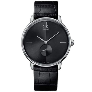 Front view of Calvin Klein Accent K2Y211C3 Black Leather Mens Watch on white background