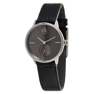 Front view of Calvin Klein Accent K2Y231C3 Black Leather Womens Watch on white background