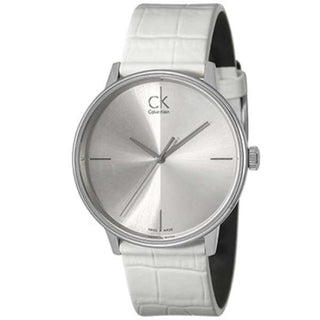 Front view of Calvin Klein Accent K2Y2X1K6 White Leather Womens Watch on white background