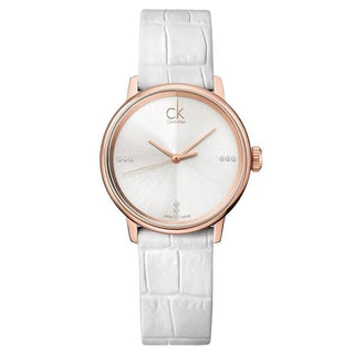 Front view of Calvin Klein Accent K2Y2Y6KW Silver Dial White Leather Womens Watch on white background