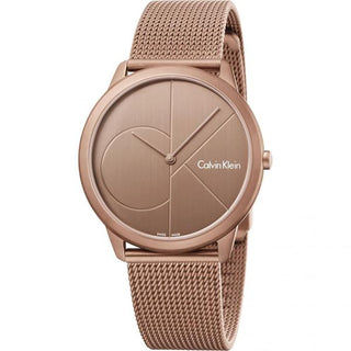 Front view of Calvin Klein Minimal K3M11TFK Gold Dial Stainless Steel Mens Watch on white background