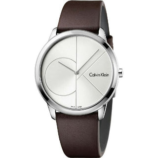 Front view of Calvin Klein Minimal K3M211G6 Silver Dial Brown Leather Mens Watch on white background