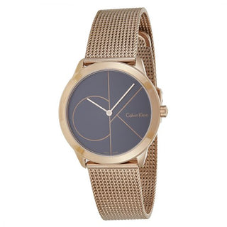 Front view of Calvin Klein Minimal K3M22621 Black Dial Rose Gold Stainless Steel Mens Watch on white background