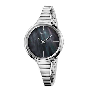 Front view of Calvin Klein Lively K4U2312S Black Dial Silver Stainless Steel Womens Watch on white background