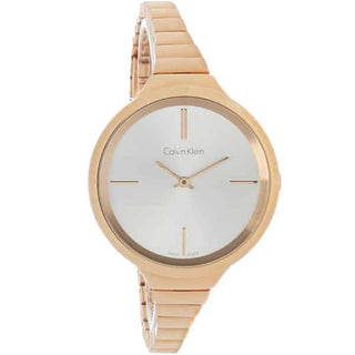 Front view of Calvin Klein Lively K4U23626 White Dial Rose Gold Stainless Steel Womens Watch on white background