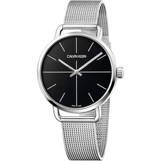 Front view of Calvin Klein Even Chronograph K7B21121 Black Dial Silver Stainless Steel Womens Watch on white background