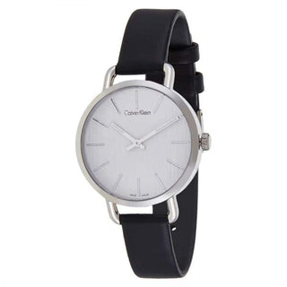 Front view of Calvin Klein Even K7B231C6 Silver Dial Black Leather Womens Watch on white background