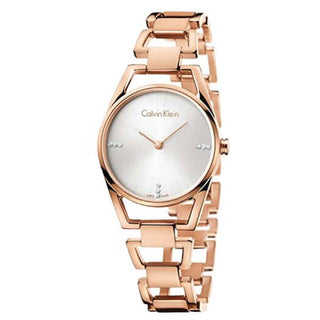 Front view of Calvin Klein Dainty Diamonds K7L2364T Silver Dial Stainless Steel Womens Watch on white background