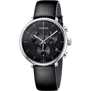 Front view of Calvin Klein High Noon Chronograph K8M271C1 Black Leather Mens Watch on white background