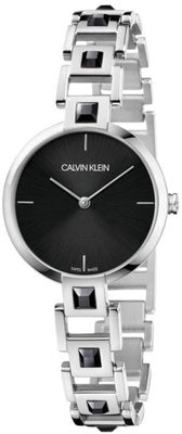 Front view of Calvin Klein Mesmerize K9G23UB1 Black Dial Grey Stainless Steel Womens Watch on white background