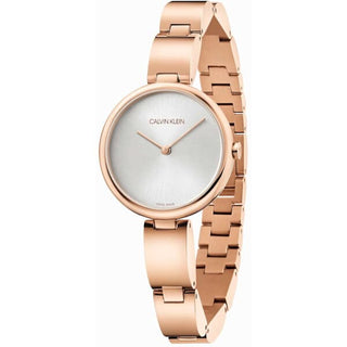 Front view of Calvin Klein Wavy K9U23646 Silver Dial Rose Gold Stainless Steel Womens Watch on white background